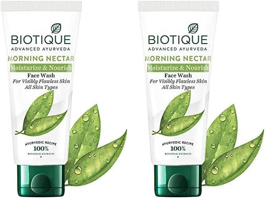 Biotique Morning Nectar Moisturize & Nourish Face Wash | Contains Wild Turmeric, Neem Leaves, & Morning Nectar | Visibly Flawless Skin | Suitable for All Skin Types | 100 ml (Pack of 2)