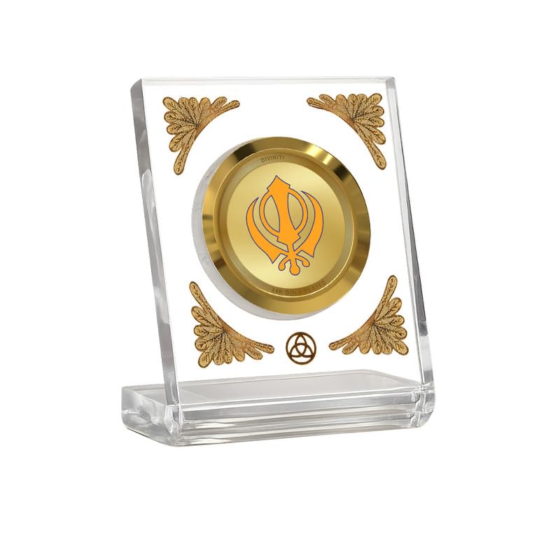 DIVINITI 24K Gold Plated Khanda Sahib Acrylic Frame for Car Dashboard, Home Temple & Office Table | Premium Spiritual Gift, Blessings for Protection & Positivity, 8x7 cm Decorative Showpiece
