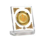 DIVINITI 24K Gold Plated Khanda Sahib Acrylic Frame for Car Dashboard, Home Temple & Office Table | Premium Spiritual Gift, Blessings for Protection & Positivity, 8x7 cm Decorative Showpiece