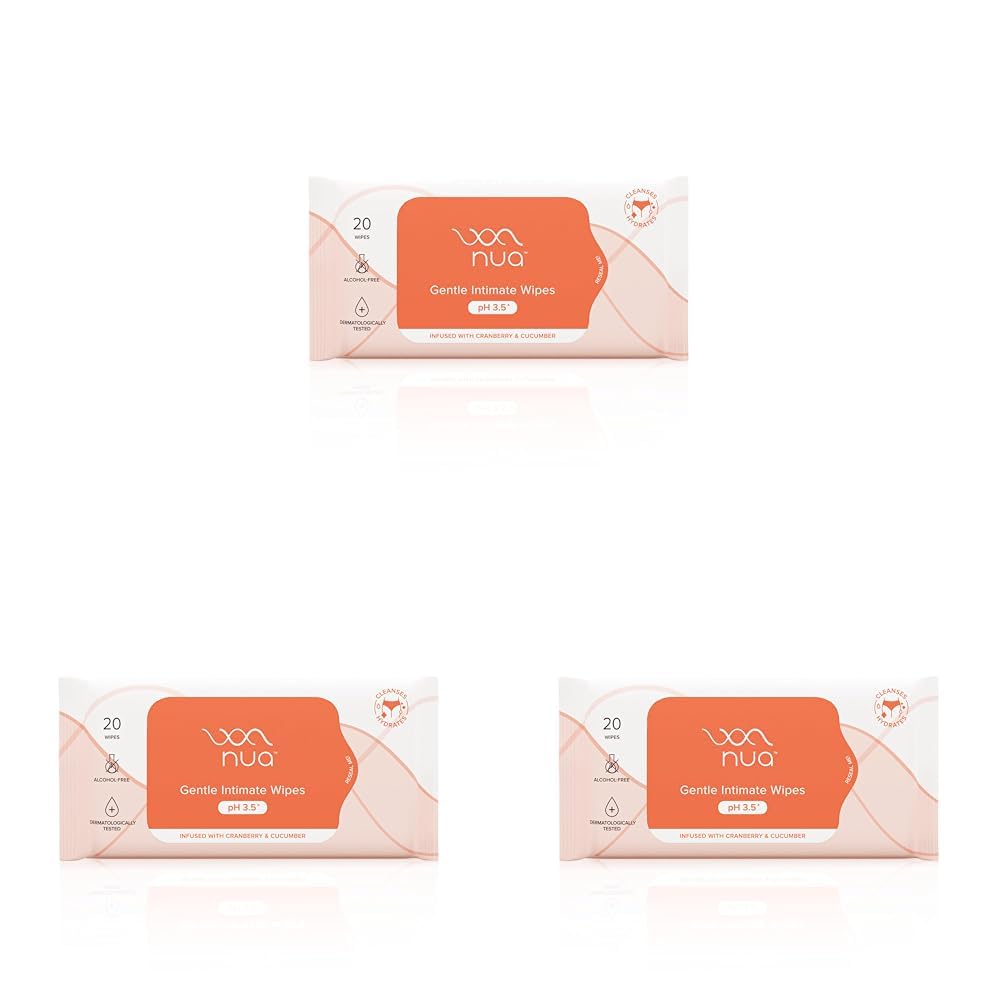 Nua Gentle Intimate Wipes | Infused with Cranberry, Cucumber and Aloe | Alcohol and Artificial-Fragrance Free | 100% Biodegradable (Pack of 3)