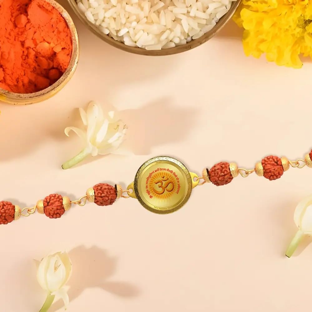 Diviniti Om with Gayatri Mantra Rudraksha Rakhi with 24K Gold Plated Foil Divine Raksha Bandhan Gift