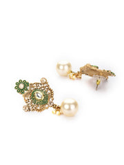 Priyaasi Green Kundan Pearls Gold Plated Floral Drop Earring