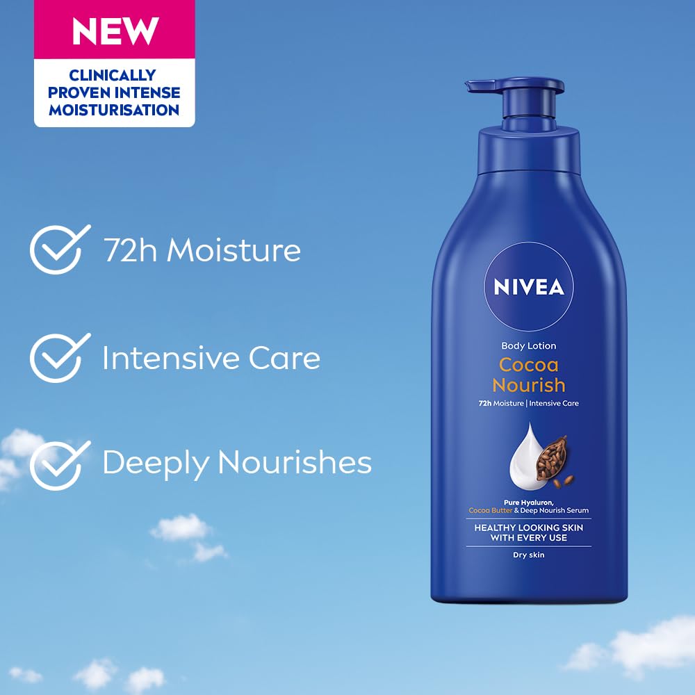NIVEA Cocoa Nourish Body Lotion for Men & Women with Cocoa Butter, Hyaluronic Acid & Vitamin E Moisturizer for Dry Skin, Deep Nourish Serum Body Cream 72H Moisturiser, Non Greasy Face Cream 600ml