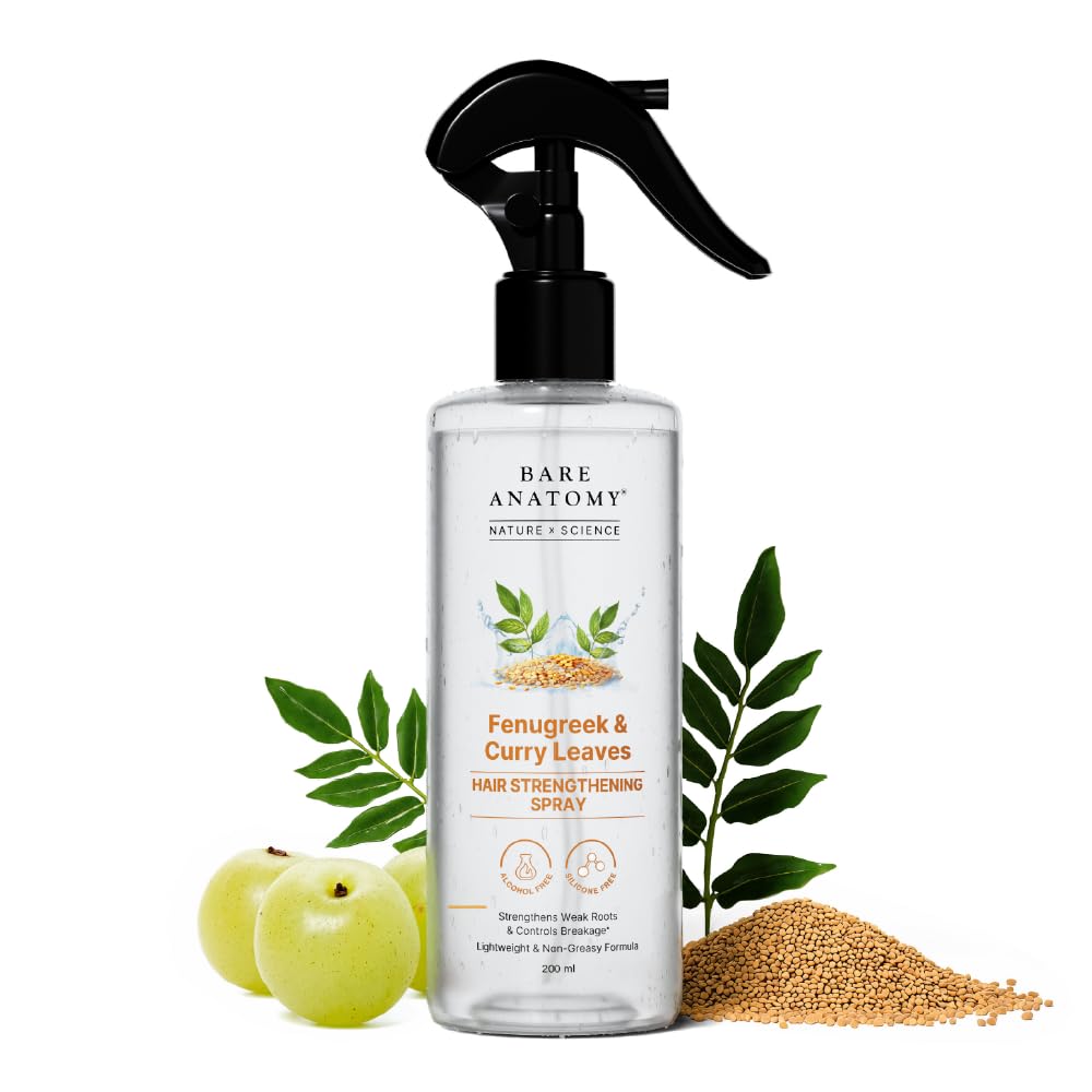 Bare Anatomy Nature x Science Hair Fall Control Spray with Methi, Curry Leaves & Amla | For Thicker, Longer Hair | Lightweight & Non-Sticky | 200ml