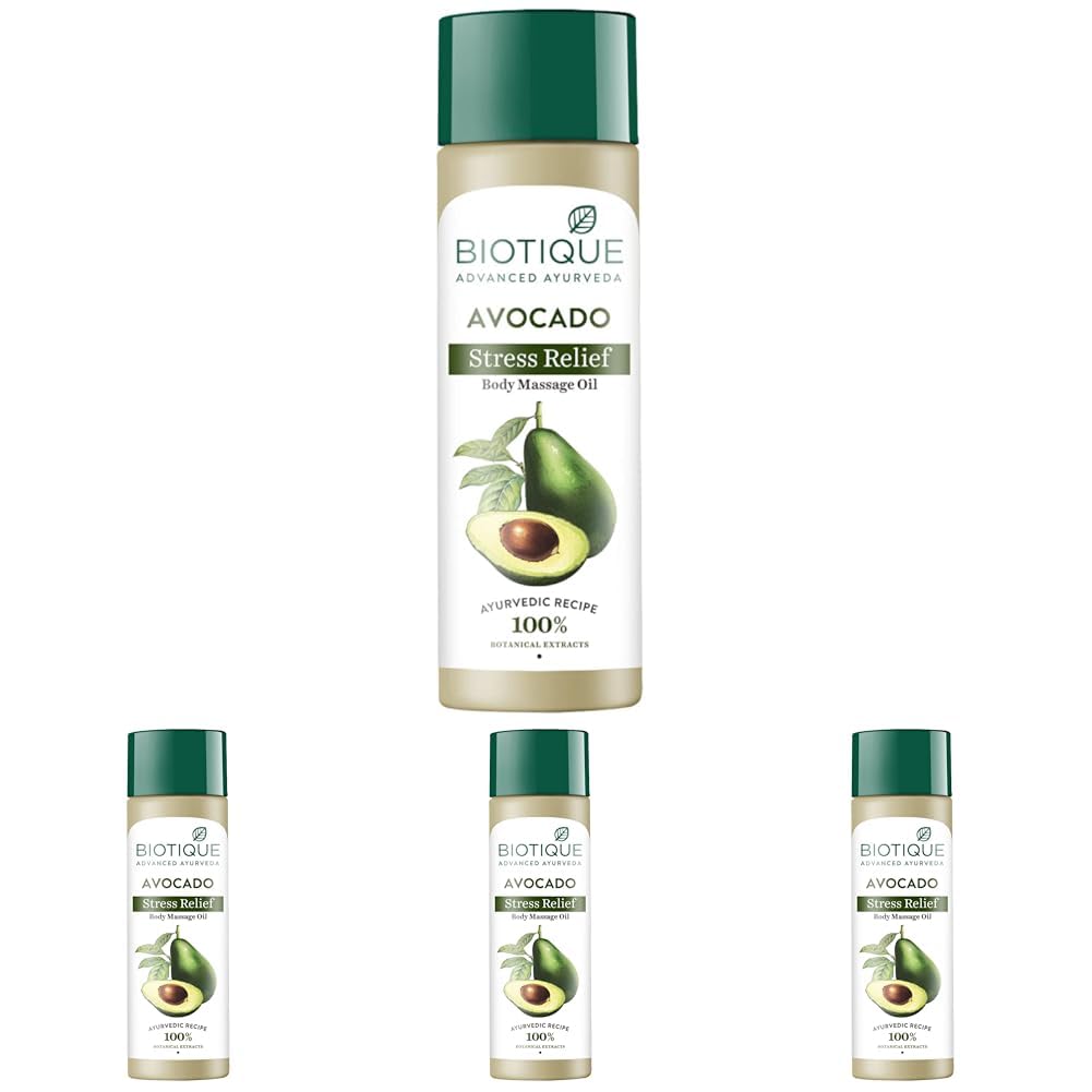 Biotique Cado Stress Relief Avocado Stress Relief Body Massage Oil | Heals and Hydrates dry skin | 100% Botanical Extracts | Suitable for All Skin Types | 200ml (Pack of 4)