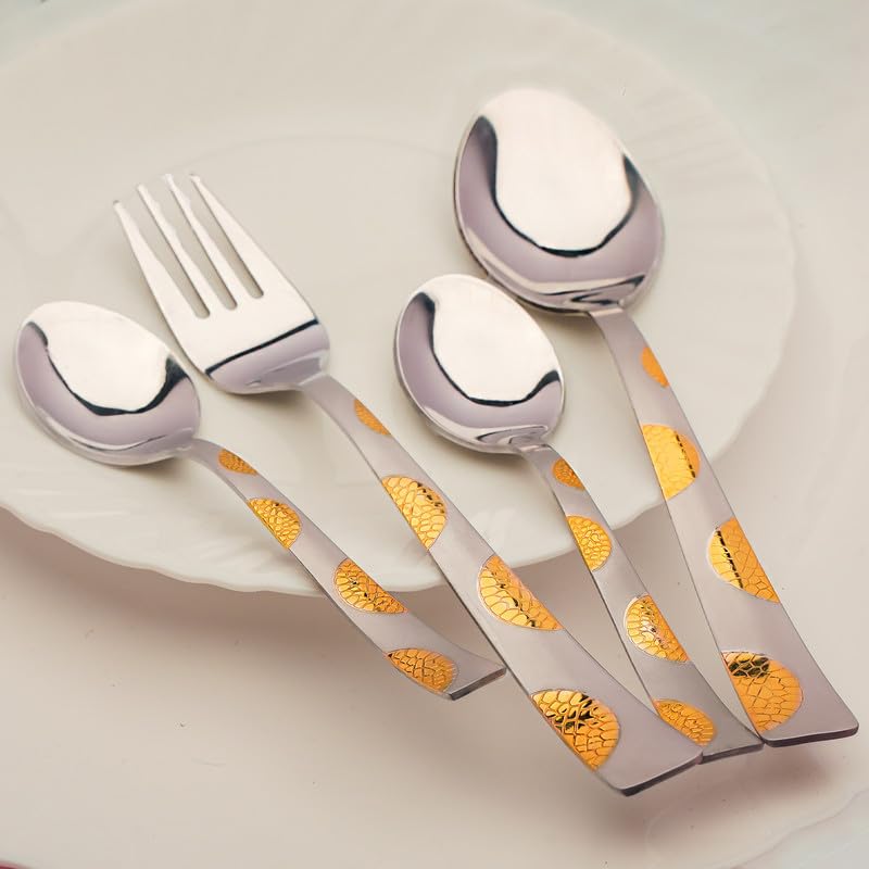 Parage 24 Pieces Premium Stainless Steel Golden Cutlery Set, Home & Kitchen with Gift Box, (6 Pieces Each Table Spoons, Table Forks, Dinner Spoon & Tea Spoons) with Leatherite Box (Moonpress Design)