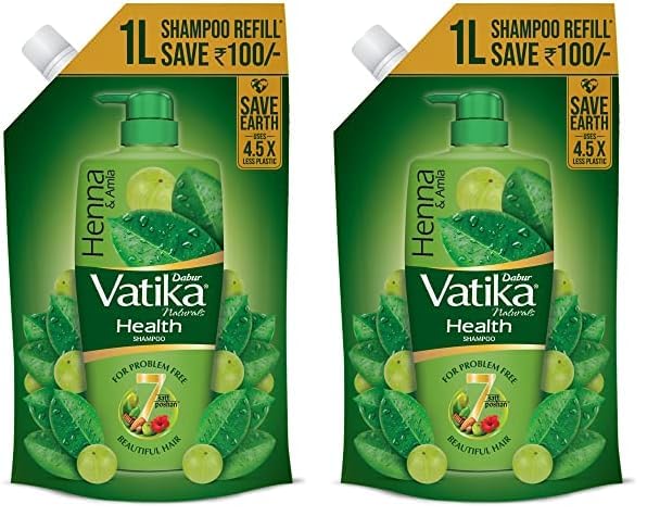Dabur Vatika Health Shampoo - 1L (Refill Pouch) | With 7 natural ingredients | For Smooth, Shiny & Nourished Hair | Repairs Hair damage, Controls Frizz | For All Hair Types | Goodness of Henna & Amla