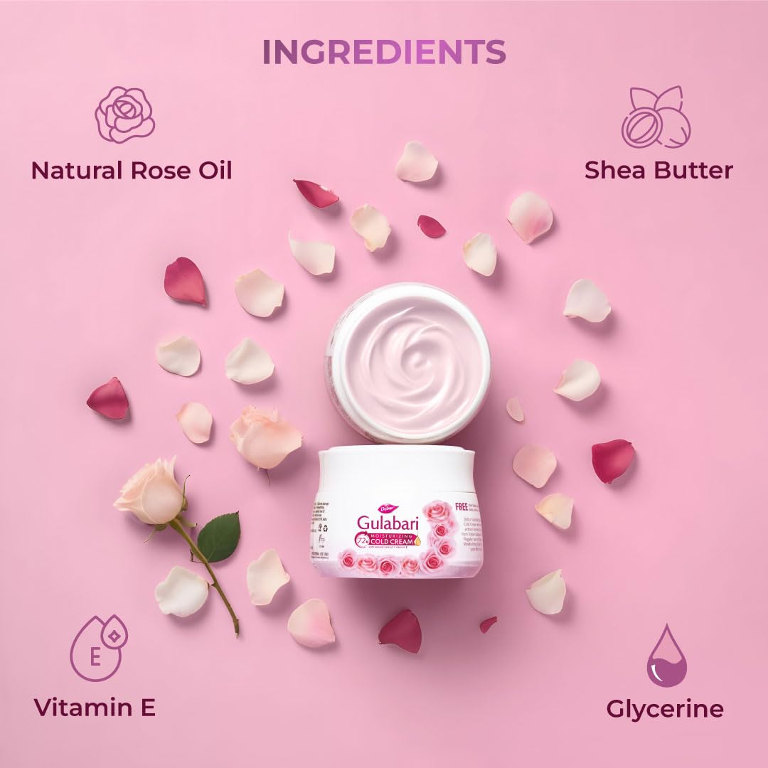 Dabur Gulabari Moisturizing Cold Cream 100gm + Lip Balm 8gm (Free) | With Goodness of Natural Rose Oil & Vitamin E | Intense Hydration and Deep Moisturization | For Smooth & Soft skin | All Skin types