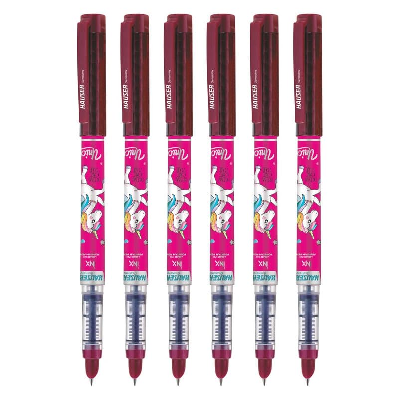 Hauser Inx Unicorn Fountain Pen | Smooth Round Nib With Iridium Tip | 2 Ink Cartridges | Unique Liquid Ink System | Blue Ink, Pack of 6