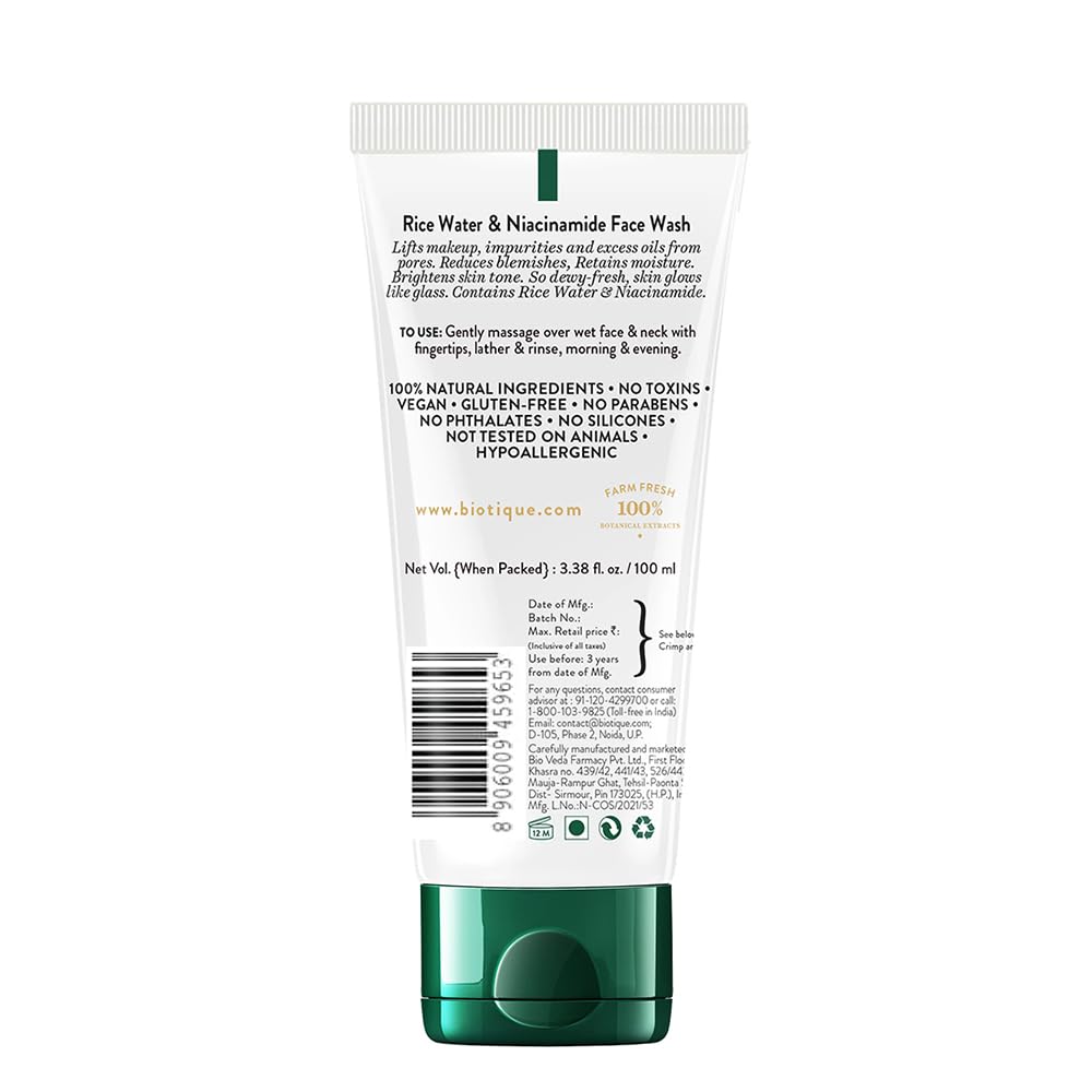 Biotique Rice Water & Niacinamide Gel Face Wash Removes Excess Oils & Reduce Blemishes of the Skin | Glass Skin | For Men & Women - 100ml
