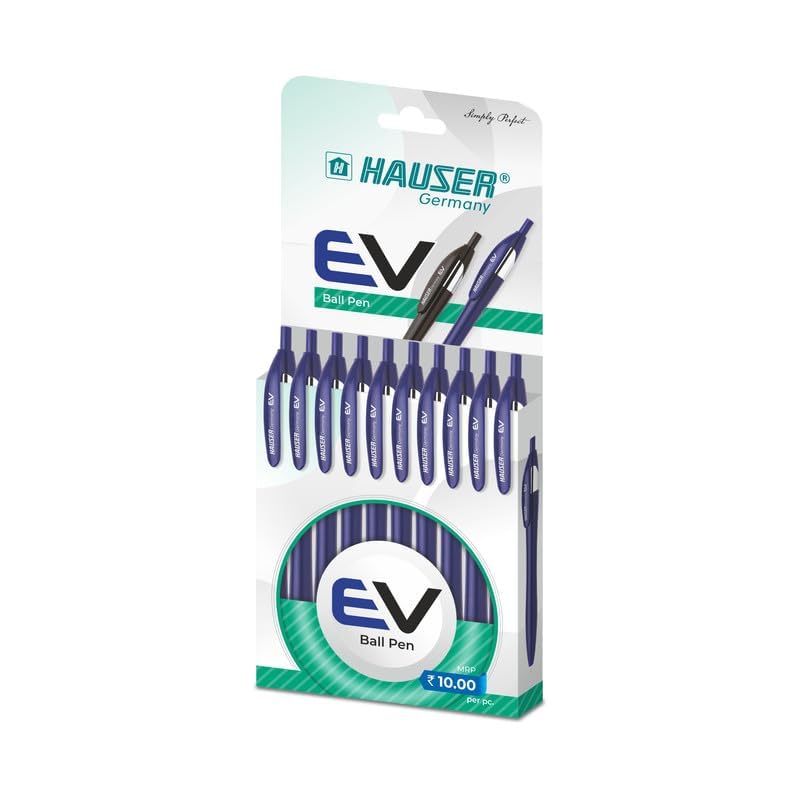Hauser Germany Ev Retractable Ball Pen Wallet Pack | Minimalistic Stylish Body With Pocketable Clip | Blue Ink, Pack Of 10
