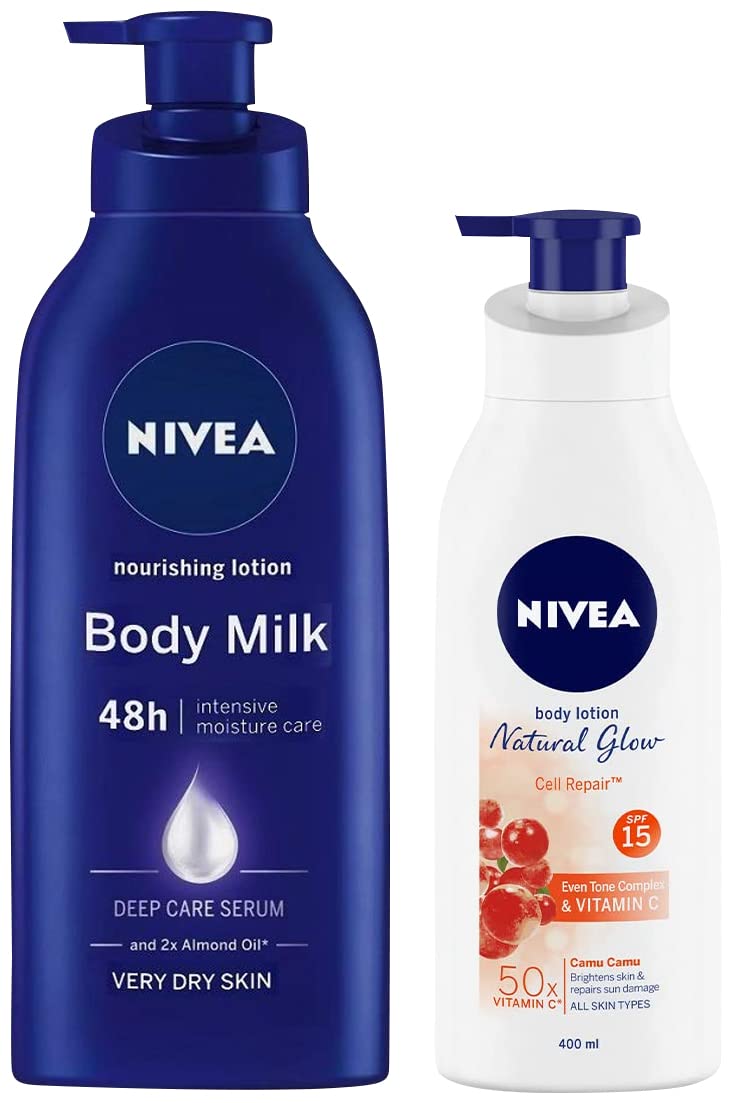 NIVEA Body Lotion for Very Dry Skin, Nourishing Body Milk 600 ml & NIVEA Body Lotion Natural Glow, Cell Repair, SPF 15 & 50x Vitamin C 400 ml