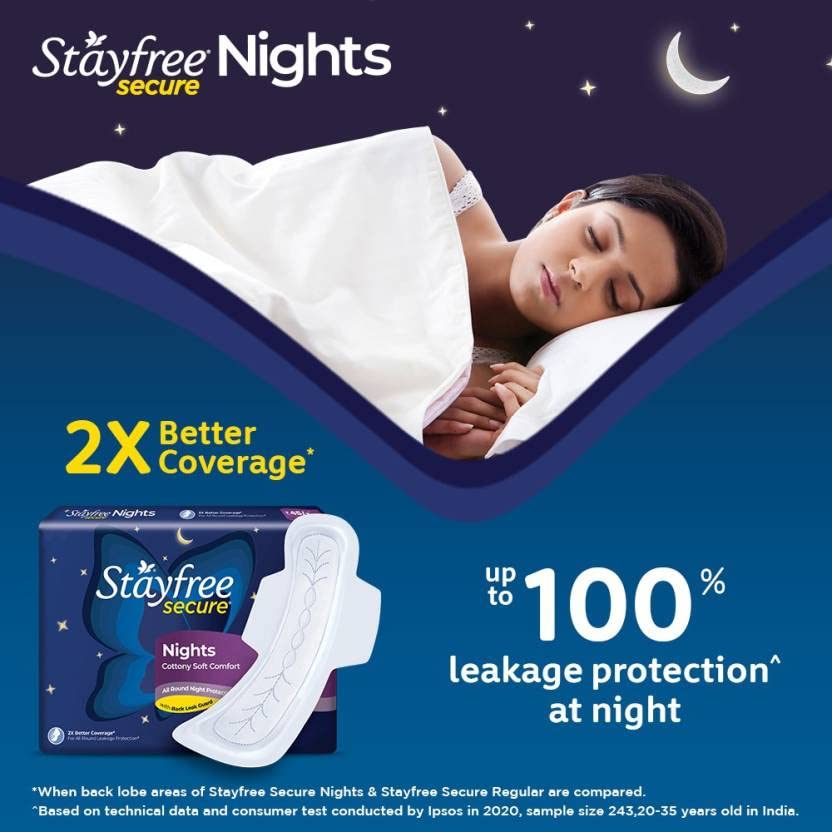 STAYFREE Secure Nights sanitary pads for women, cottony cover with 100% leakage protection, 2x coverage for worry free sleep, 2 PC (Pack of 46 Pads)