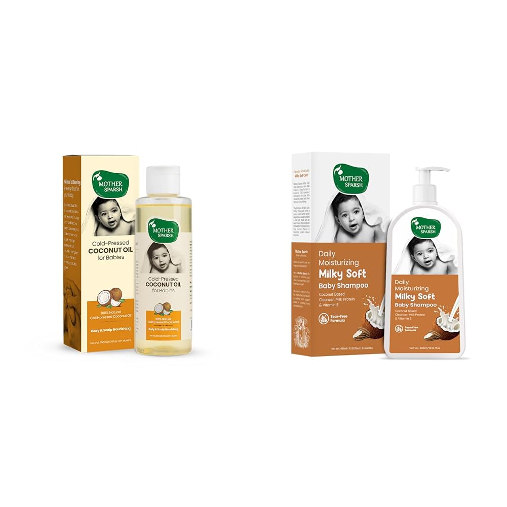Mother Sparsh Cold Pressed Coconut Oil for Baby Massage, Skin & Hair Care | 100% Natural 200ml + Milky Soft Baby Shampoo - 400ml | Tear Free Formula With Milk Protein, Vitamin E & Coconut Oil