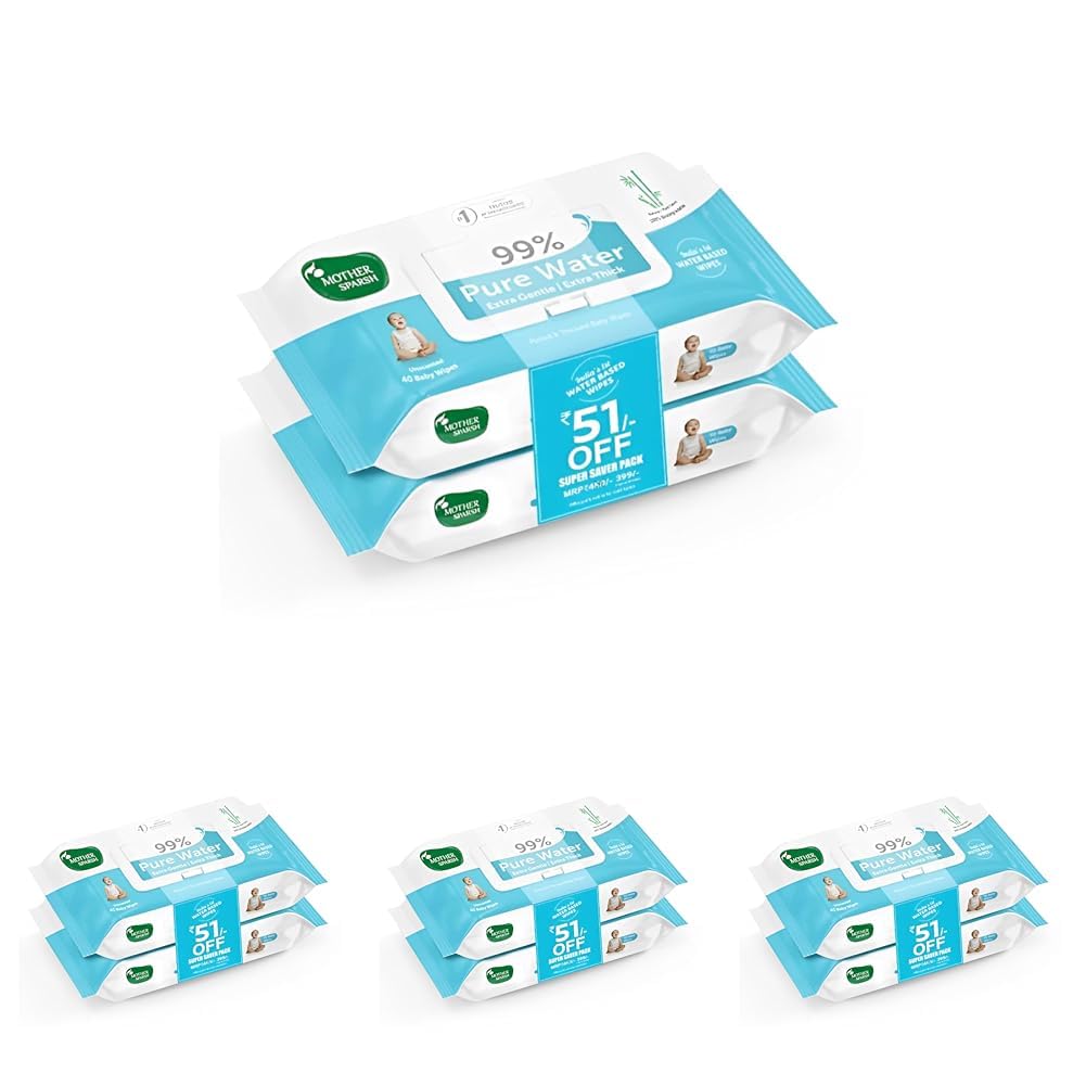 Mother Sparsh 99% Pure Water Baby Wipes (40X2) Super Saver Travel Friendly Combo Pack | Wipes Made with Plant Based Fabric (Pack of 4)