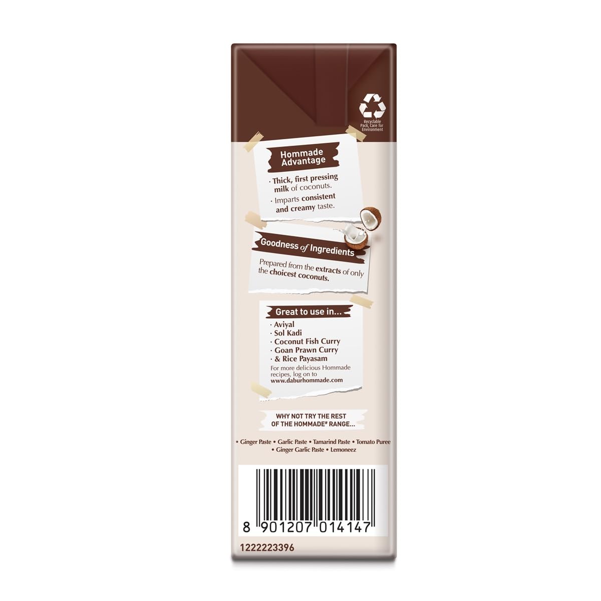 Dabur Hommade Coconut Milk : Made from the Extract of 2 Creamy Coconuts | Thick & Creamy Consistency | No Added Sugar | Thick First Pressing Milk | Hassle-Free, Ready to Use | Ideal for Curries, Desserts & Baking | 200ml single item