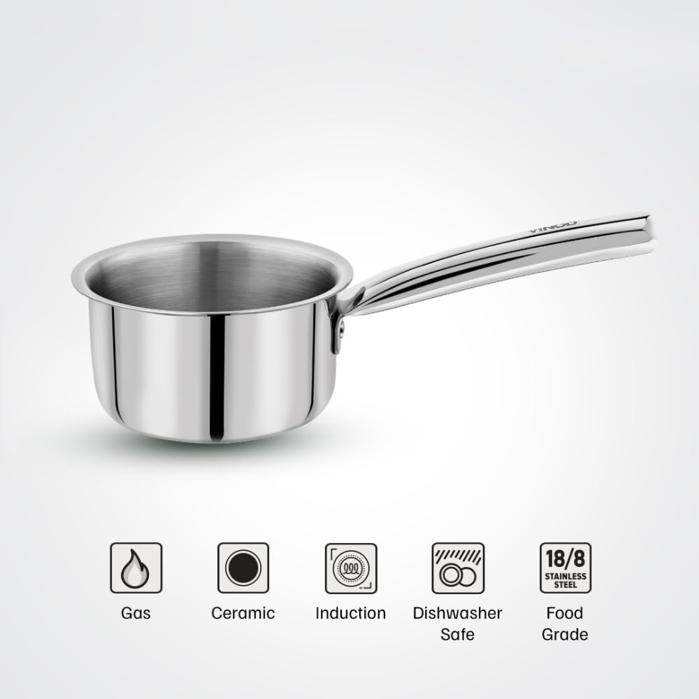 Vinod – Claro Heavy Gauge Stainless Steel Sauce Pan (Plain), 1.5 mm – Capacity 2 LTR (18cm)