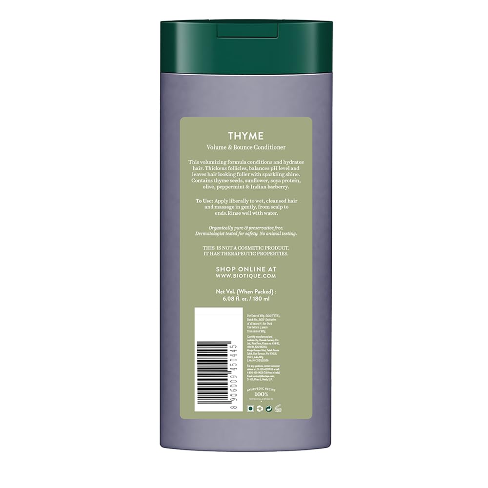 Biotique Thyme Volume Conditioner For Fine And Thinning Hair | Gives Volume And Bounce To Hair | Helps In Thicken Follicles |Suitable For All Skin Types | 180Ml, Peppermint, 180 Millilitre