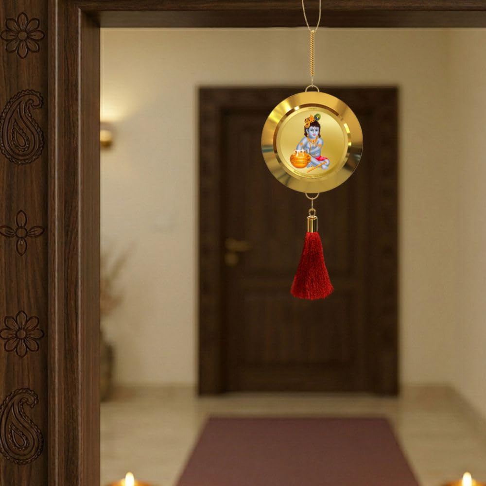 Diviniti 24K Gold Plated Radha Krishna & Bal Gopal Double Sided Hanging for Home Entrance Door, Vastu Spiritual Decor, Religious Hanging, Love, Blessings & Positive Energy Gift Item
