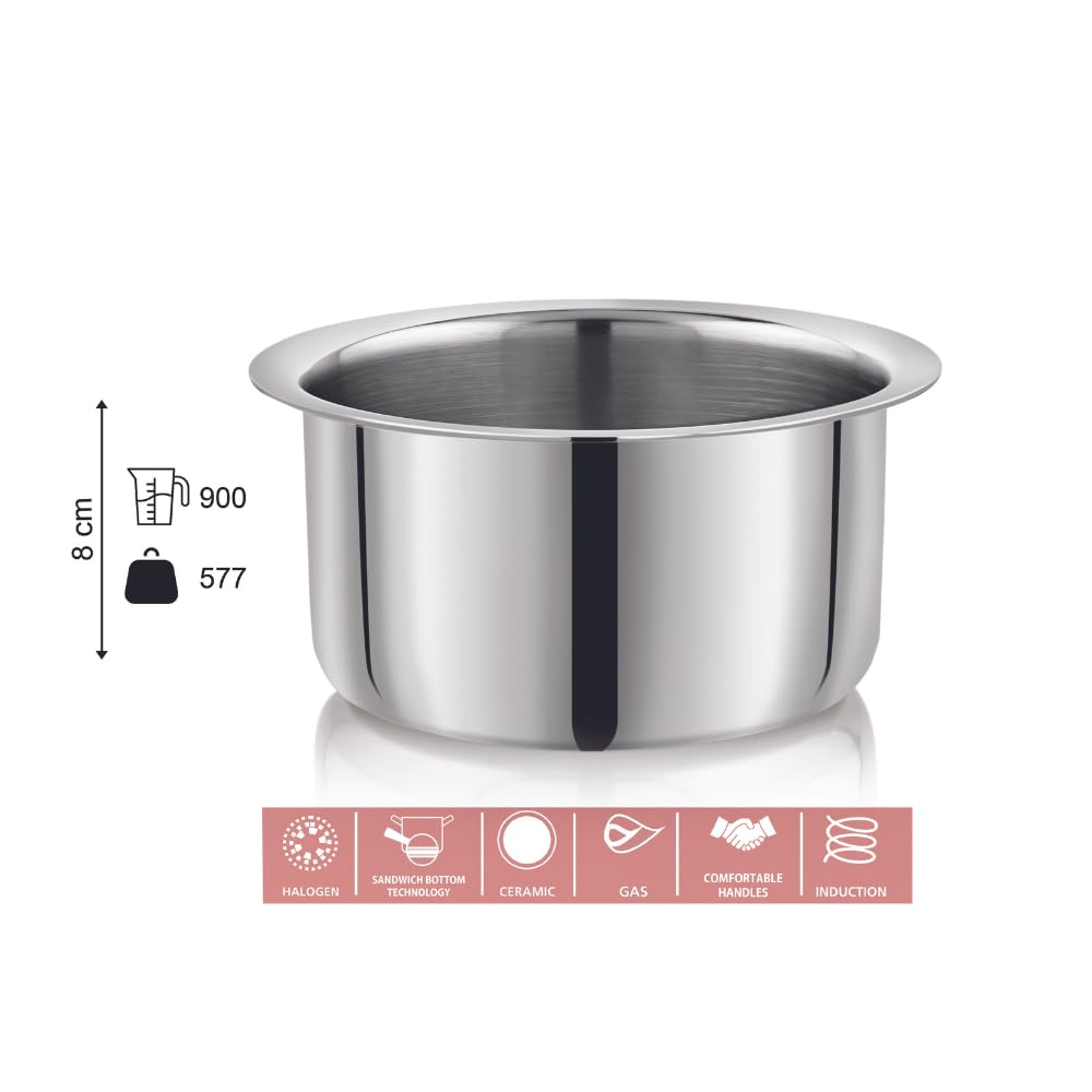 Vinod – Claro Heavy Gauge Stainless Steel Tope (Plain), 1.5 mm – Capacity 0.9 Liter