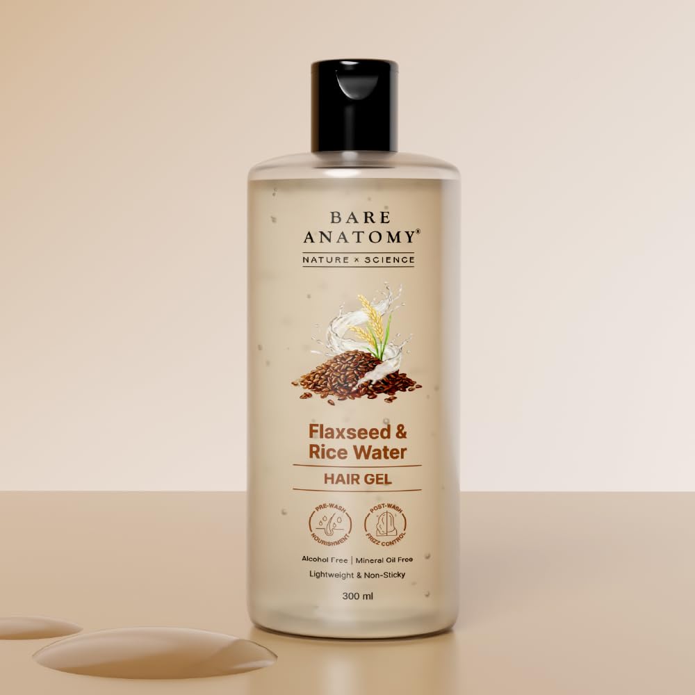 Bare Anatomy Nature x Science Flaxseed & Rice Water Hair Gel | Smoothes Hair & Controls Frizz | Lightweight, Non-Sticky & Non-Crunchy Formula | Enhances Natural Hair Texture & Shine | 300ml