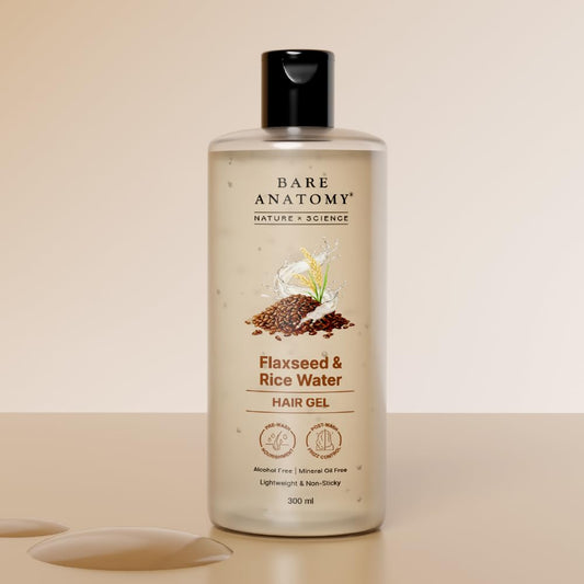 Bare Anatomy Nature x Science Flaxseed & Rice Water Hair Gel | Smoothes Hair & Controls Frizz | Lightweight, Non-Sticky & Non-Crunchy Formula | Enhances Natural Hair Texture & Shine | 300ml