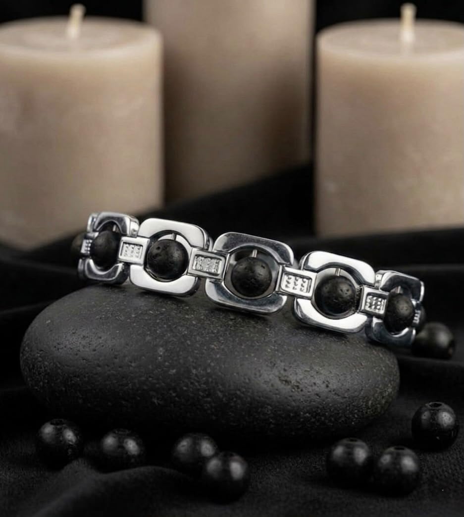 RUDRADIVINE Premium Silver Plated Karungali Wood Bracelet | Black Ebony Bead Elegant Bracelet