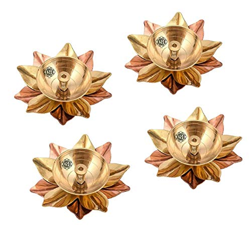 DSH Brass & Copper Lotus/Kamal Design Diya Deepak | Akhand Jyot | Arti Poojan Temple Home Decor, Gold_3 X 3 X 1.5 Inch (4)