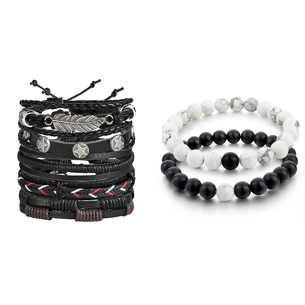 Shining Diva Fashion Stylish Multi Strand Leather Bracelet (Black, 9904b) Distance Couple Natural Stones Unisex Bracelet (cmb283_9376b_9386b)