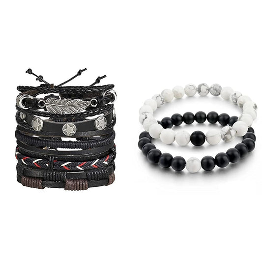 Shining Diva Fashion Stylish Multi Strand Leather Bracelet (Black, 9904b) Distance Couple Natural Stones Unisex Bracelet (cmb283_9376b_9386b)