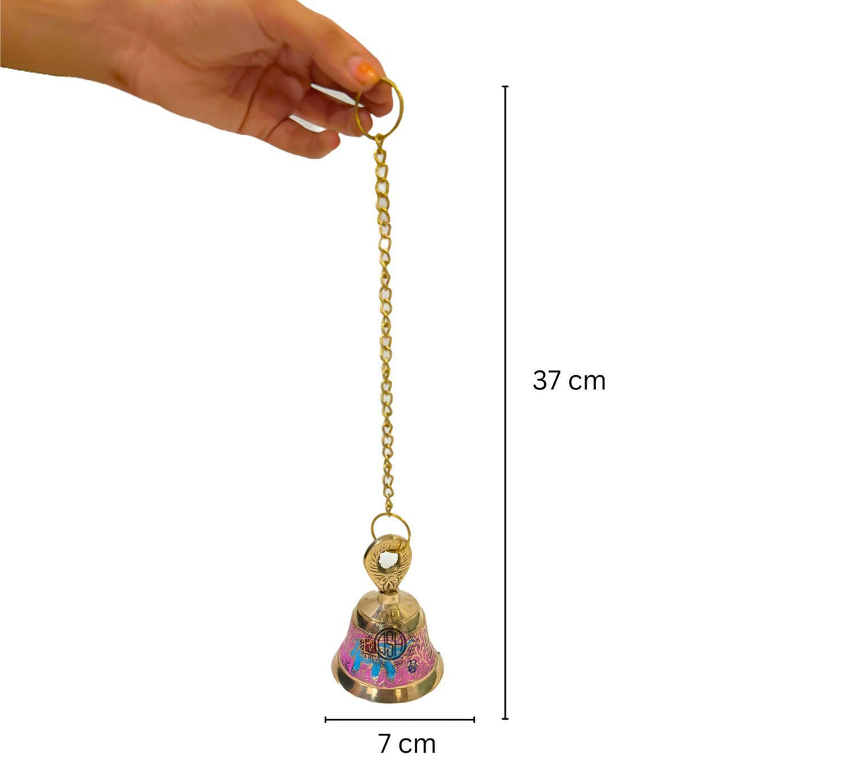 DSH Handcrafted Brass Temple Hanging Bell with Chain Home Mandir Decoration Ghanti for Pooja with Deep Sound (Pink, H-4 Inch)