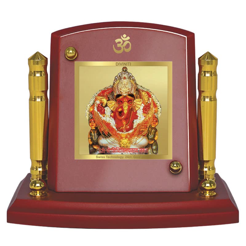 DIVINITI 24K Gold Plated Religious Car Dashboard Frame | Premium God Idol Frame for Car, Home Mandir & Office Table | Spiritual Gift, Decorative Showpiece | Siddhivinayak