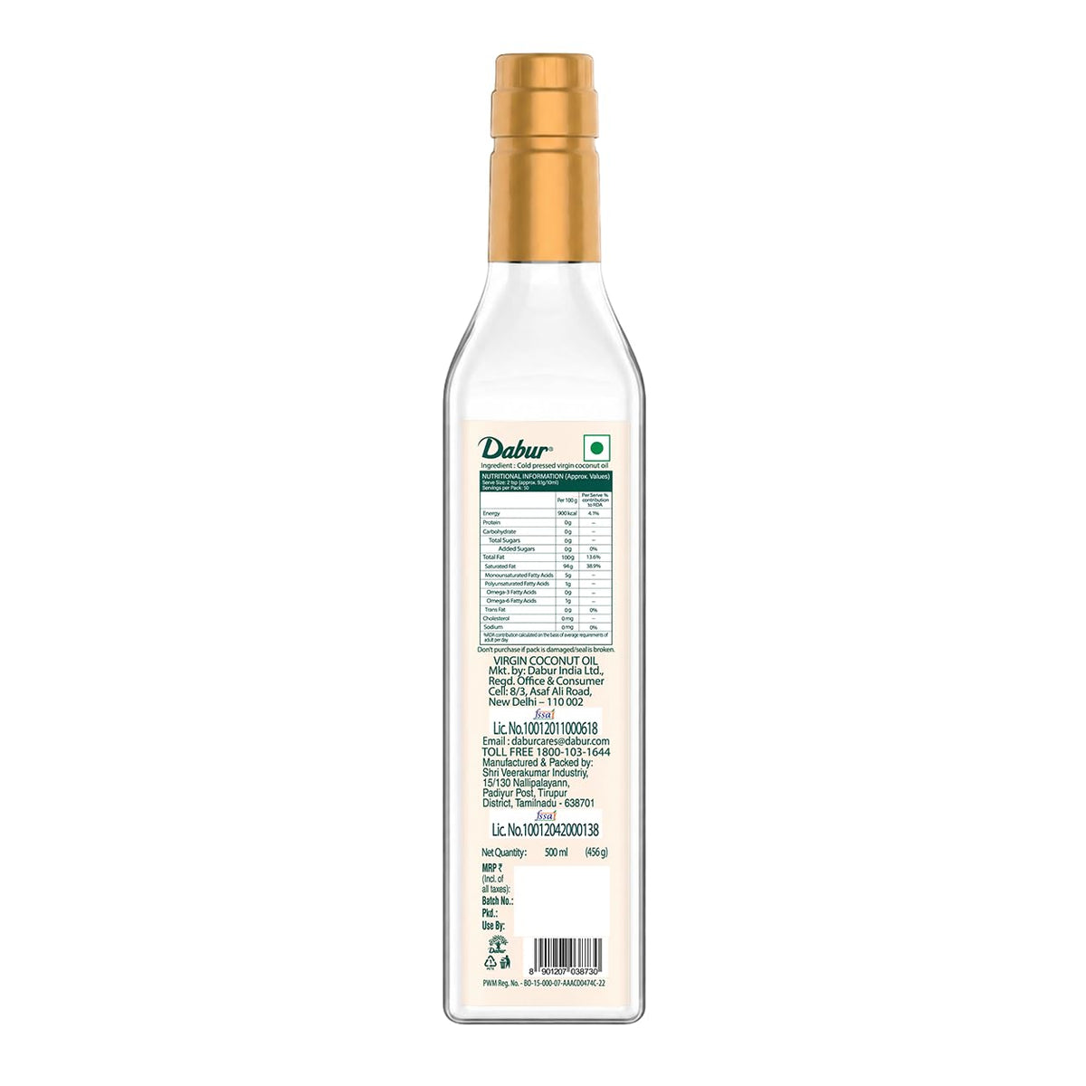 Dabur Natural, Cold Pressed Virgin Coconut Oil | Unrefined, No Trans Fat, 60% MCT | 500ml