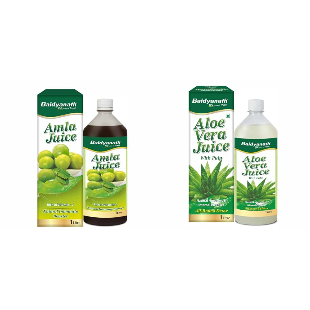 Baidyanath Amla Juice - 1 Ltr, Rich in Vitamin C and Natural Immunity Booster- Helps Maintaining Healthy Hair, Weight and Digestion & Baidyanath Ayurved Aloe Vera Juice 1L | Pure Organic Aloevera