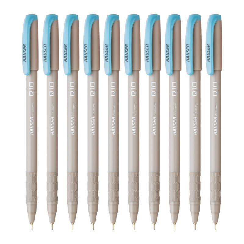 Hauser Q10 Ball Pen Pack | Trendy Durable Plastic Clip | Comfortable Rubber Grip For Smudge Free Writing | Attractive Solid Grey Body | Low-Viscosity Ink | Blue Ink, Set Of 10 x 4 Pack