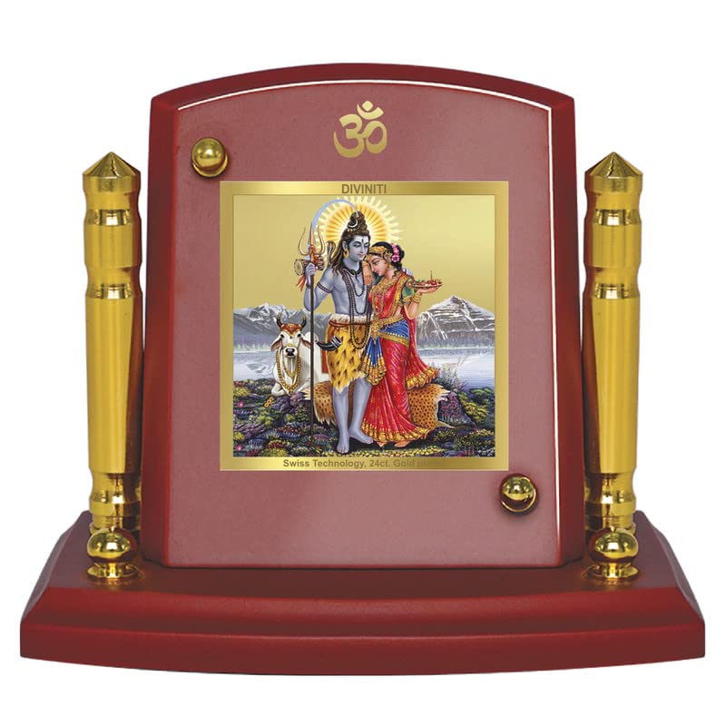 DIVINITI 24K Gold Plated Religious Car Dashboard Frame | Premium God Idol Frame for Car, Home Mandir & Office Table | Spiritual Gift, Decorative Showpiece | Shiva And Parvati