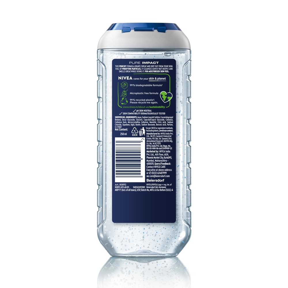 NIVEA MEN Pure Impact 250ml Body Wash| Shower Gel for Face, Body & Hair| Purifying Micro Particles for Extra Fine Scrub & Instant Summer Freshness|Clean, Healthy & Moisturized Skin