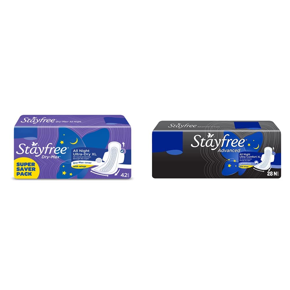 Stayfree All Night XL Dry Max Cover Sanitary Napkins - 42 Pads (Super Saver Pack) & Stayfree Advanced XL All Night Sanitary napkins (28 Count)