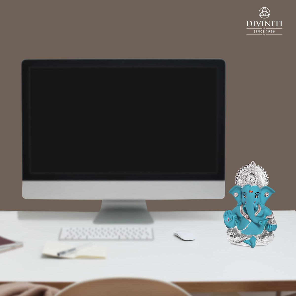 DIVINITI 999 Silver Plated Resin Lord Ganesha Idol for Car Dashboard, Tabletop|Ganesh Statue for Good Luck and Success|Ganpati Murti for Home Decor Mandir, Office Desk Puja Gift Teal (8.4x4.2cm)