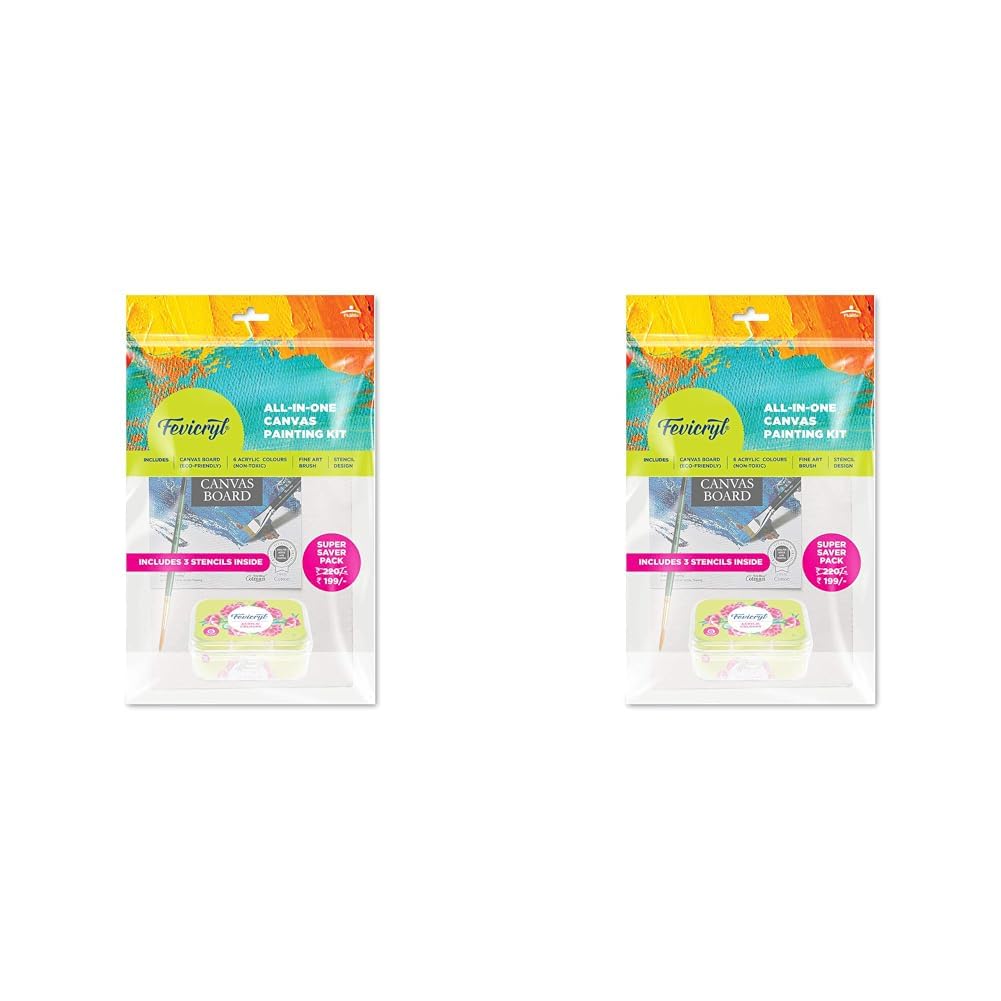 Fevicryl All in One Canvas Kit with 1 Canvas, 1 Brush, 1 Acrylic Colour Kit, Stencils | Pack of 2 Sets | DIY Art & Craft Kit | Ideal Painting Gift Set for Artists, Students, Hobbyists