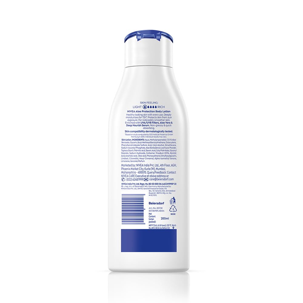 NIVEA Aloe Protection Body Lotion 200 ml | With Hyaluronic Acid & 72Hr Hydration | SPF 15 | Aloe Vera Extracts | Deep Moisture Serum | For Men & Women | All Skin Types