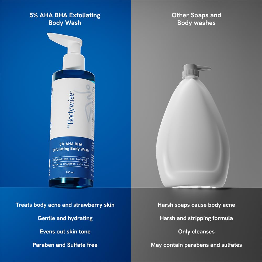 Be Bodywise 5% AHA BHA Detan Exfoliating Body Wash(250ml) & 10% AHA BHA Body Bathing Scrub(300g) | Reduces Strawberry Skin, Tan & Body Acne | Lactic Acid, Glycolic Acid & Shea Butter | All Skin Types