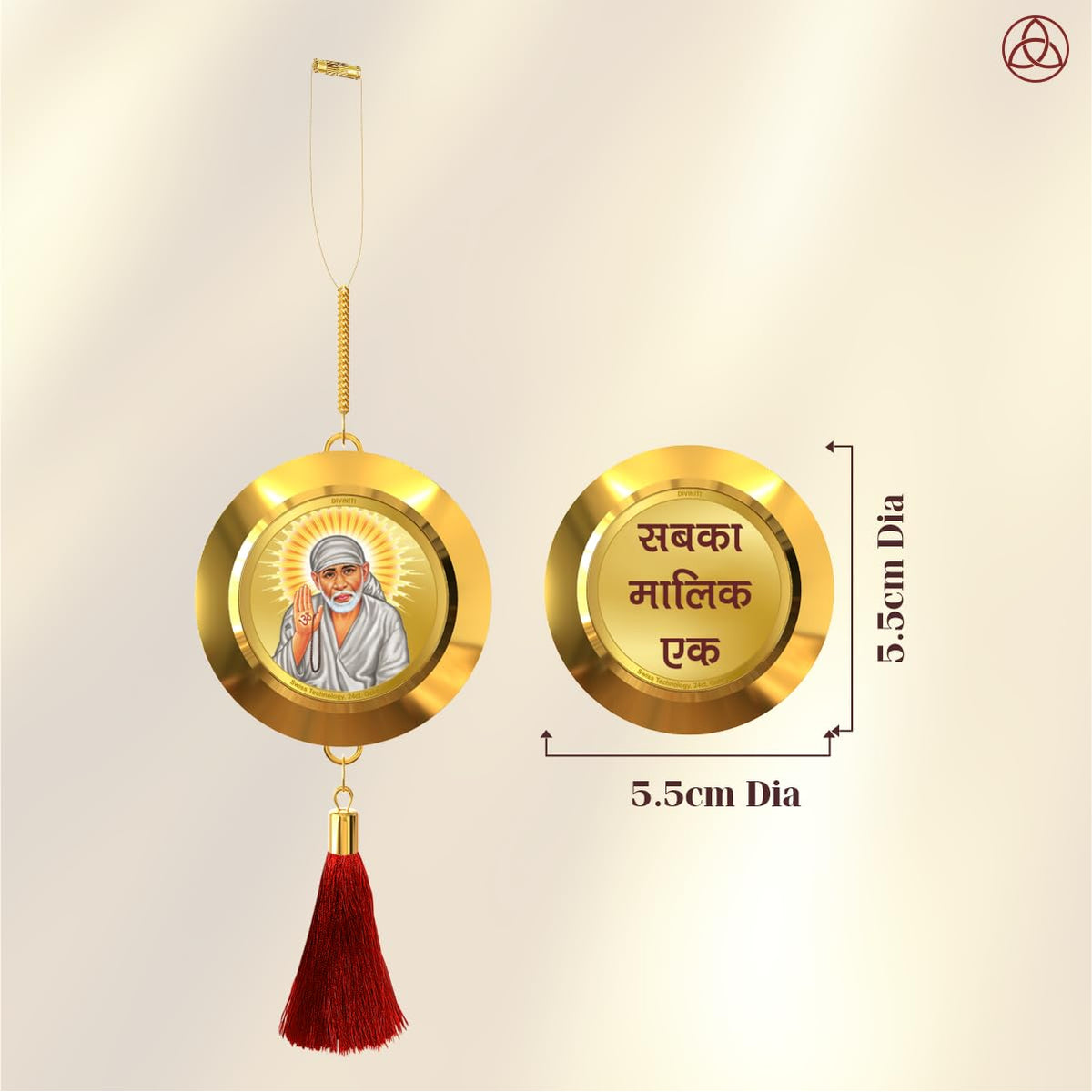 Diviniti 24K Gold Plated Double Sided Sai Baba and OM Car Hanging Sai Baba Dangler Interior Decor Luxurious Gold Plated Hangings Divine Car Accessories for Positive Energy Protection