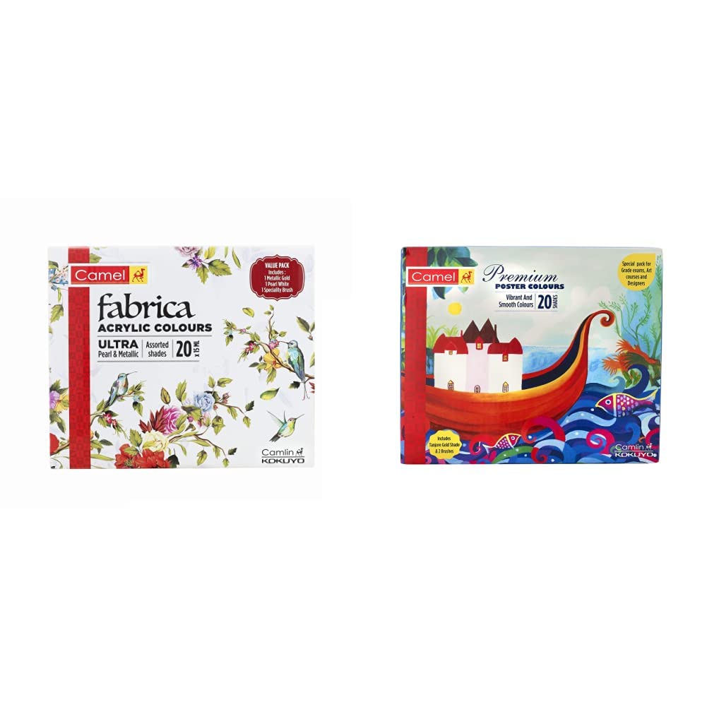 Camel Fabrica Acrylic Ultra Pearl And Metallic Colour Set - Pack Of 20 (White) Premium Poster Colour With Brush - 20 Shades (Multicolor)