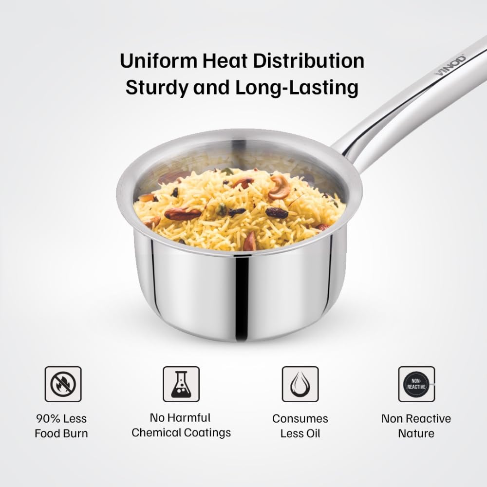 Vinod – Claro Heavy Gauge Stainless Steel Sauce Pan (Plain), 1.5 mm – Capacity 2 LTR (18cm)