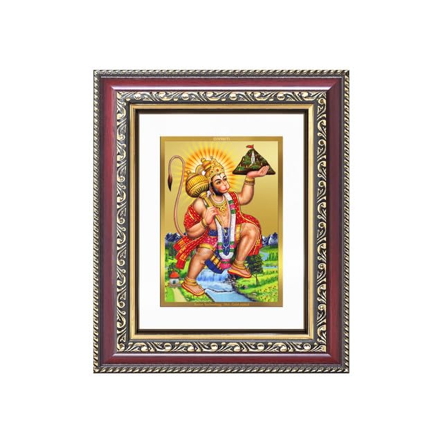 DIVINITI Hanuman Carrying Sanjeevani Mountain 24K Gold Plated Foil Wall and Tabletop Photo Frame for Home Décor, Puja Room, Luxury Gifting | DG Frame 105 S1 (16x13.5 CM)