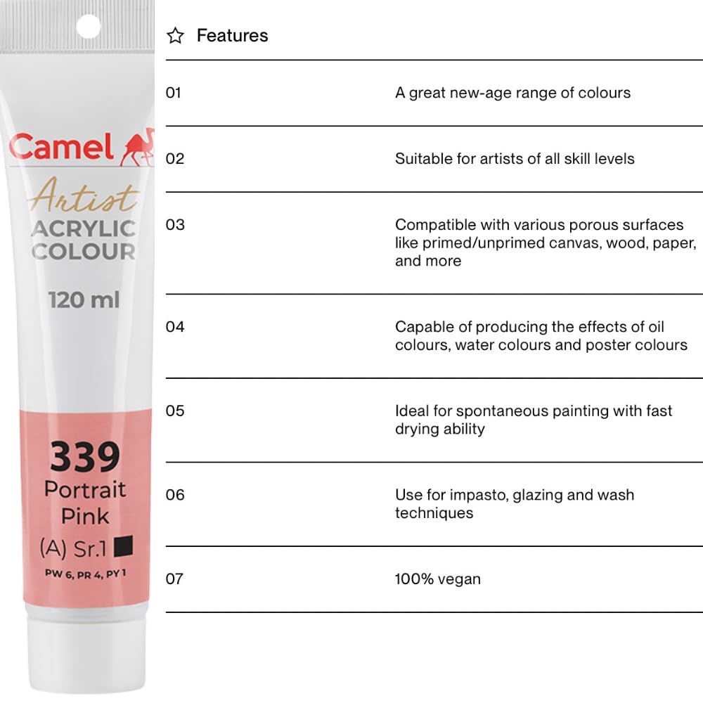Camel Camlin Kokuyo Artist Acrylic Colour Tubes 120ml Portait Pink 339