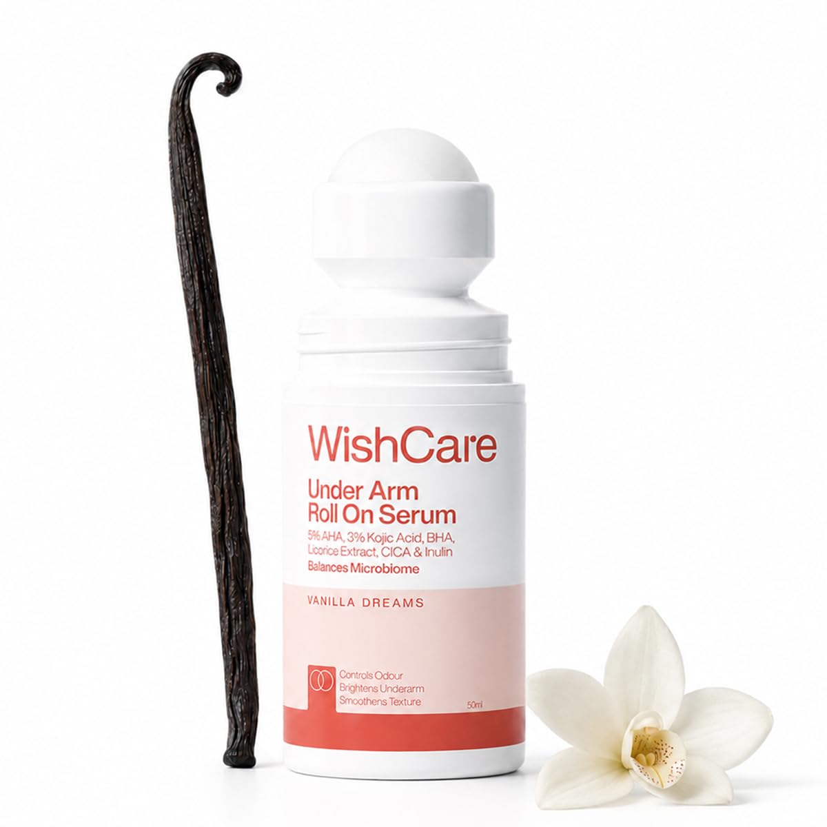 WishCare Underarm Roll On Serum - 5% AHA, 3% Kojic Acid, BHA, Licorice, Inulin - Underarm Lightening & Odour Control - Long Lasting Vanilla Fragrance