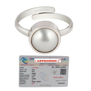 ASTRODIDI Original Certified Pearl Moti Stone Silver Plated Adjustable Ring (Stone Size 6-7 Carat) | Astrological Benefits and Healing Gemstone Ring for Men and Women