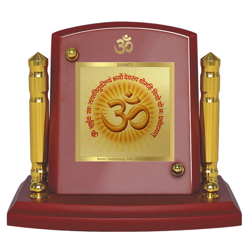 DIVINITI 24K Gold Plated Religious Car Dashboard Frame | Premium God Idol Frame for Car, Home Mandir & Office Table | Spiritual Gift, Decorative Showpiece | Om Gayatri Mantra